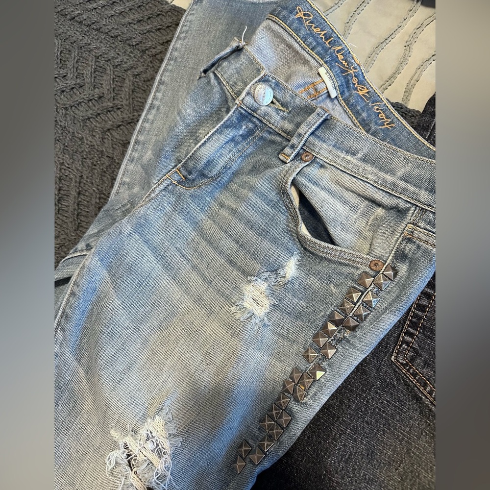 Ruehl No.925 Light Blue Distressed Studded Skinny Jeans